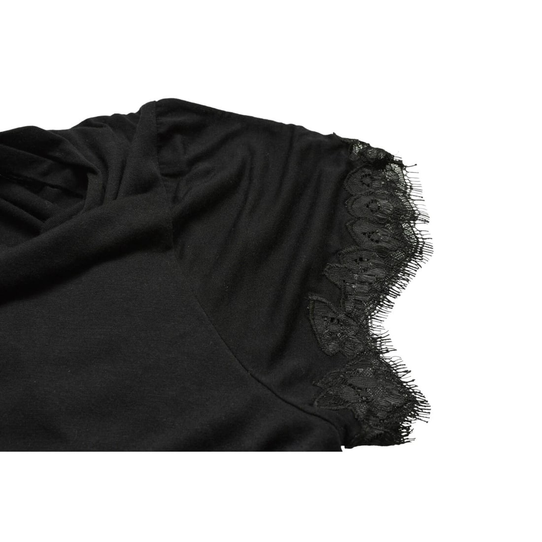 Helmut Lang Black w. Lace Trimming Short Sleeve V Neckline T-shirt Blouse Top M - 6