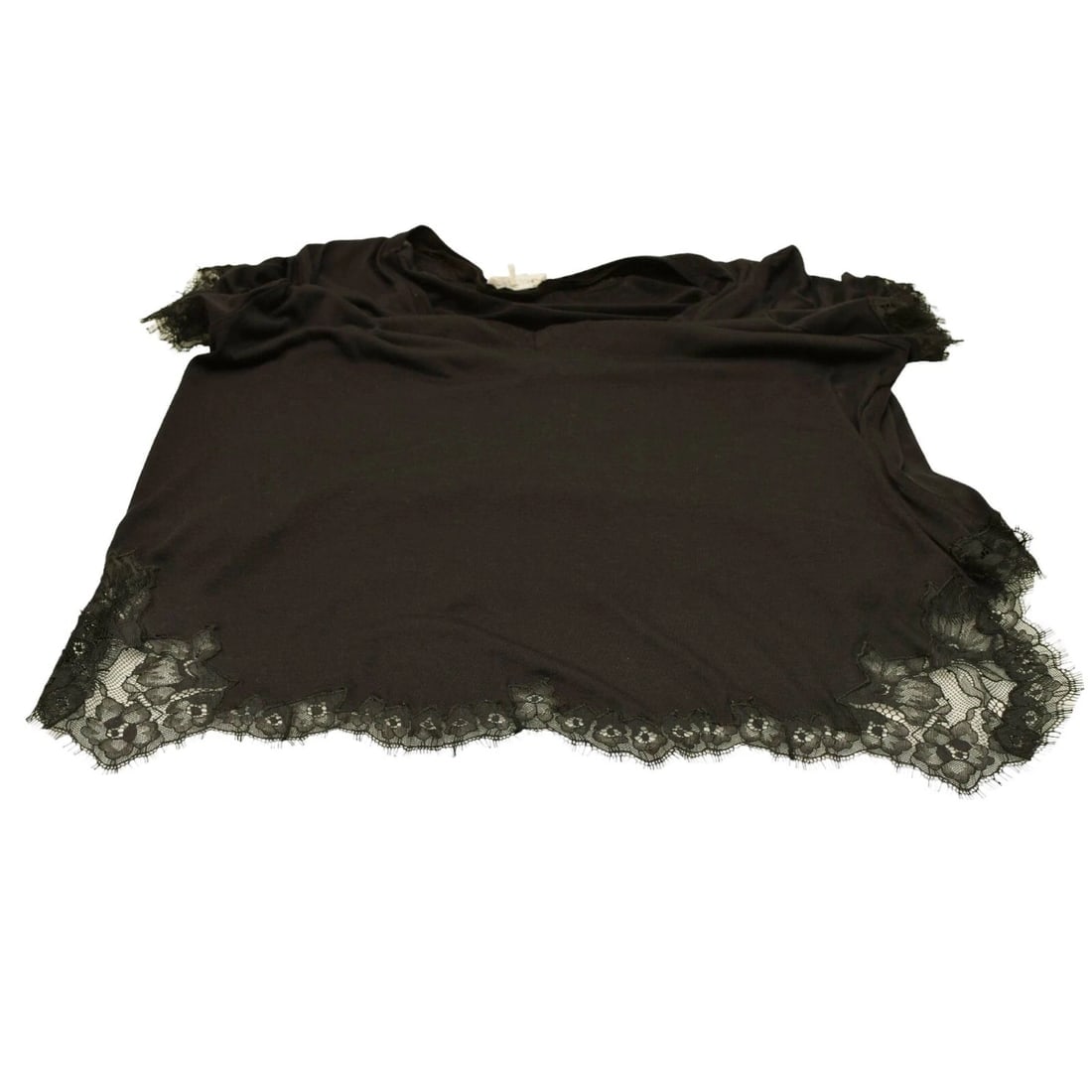 Helmut Lang Black w. Lace Trimming Short Sleeve V Neckline T-shirt Blouse Top M - 8