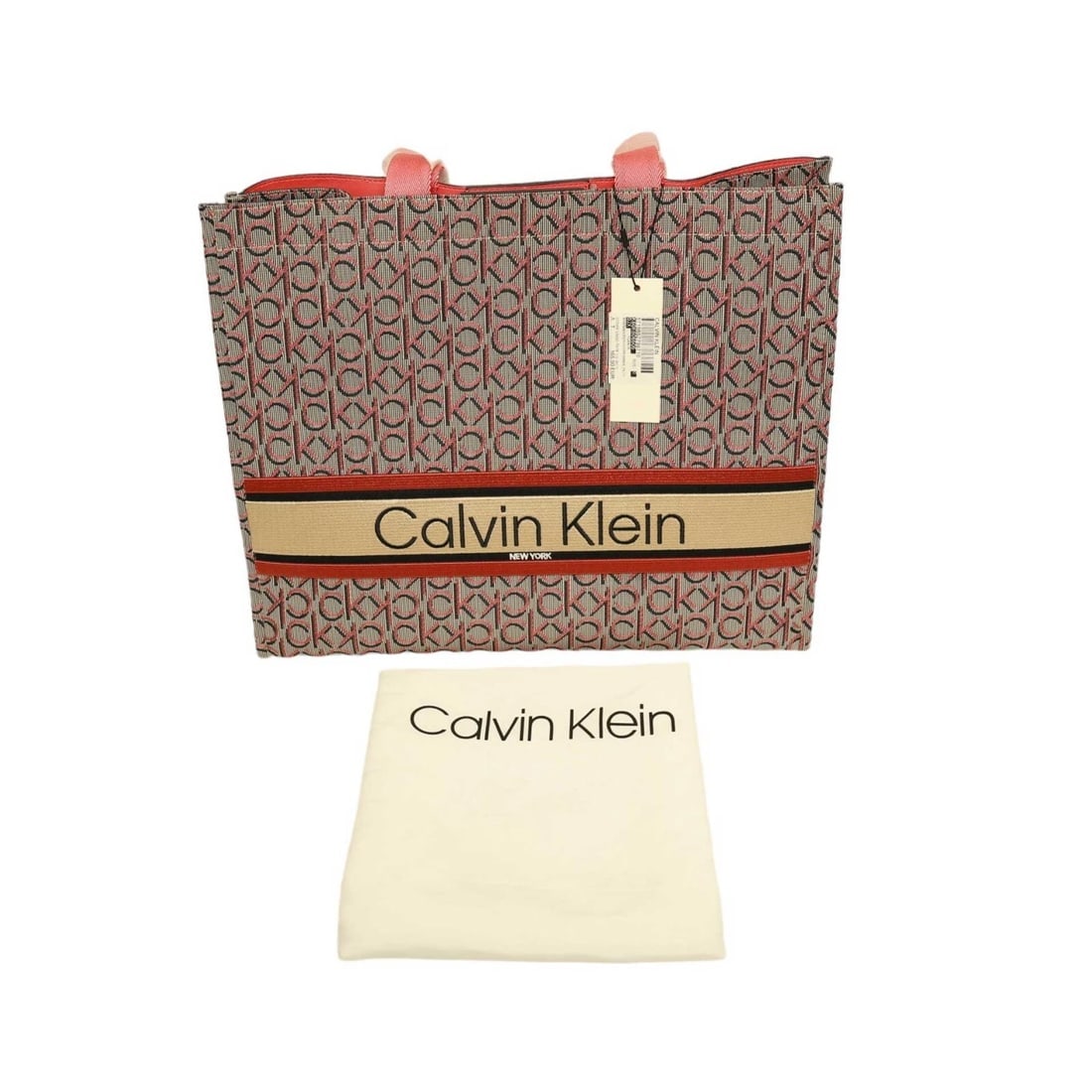 Calvin Klein Coral Gray Monogram Canvas Tote Bag Shoulder Handbag Shopper, new - 10