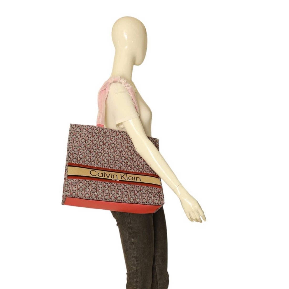 Calvin Klein Coral Gray Monogram Canvas Tote Bag Shoulder Handbag Shopper, new - 11