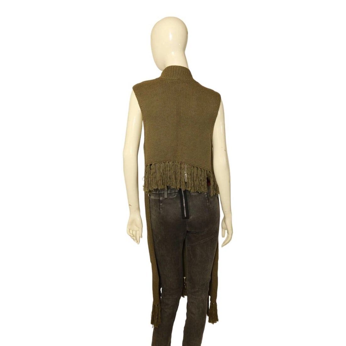 Opening Ceremony Olive Green Wool Knit Gillet Vest Top Fringes Shorter Back M - 2