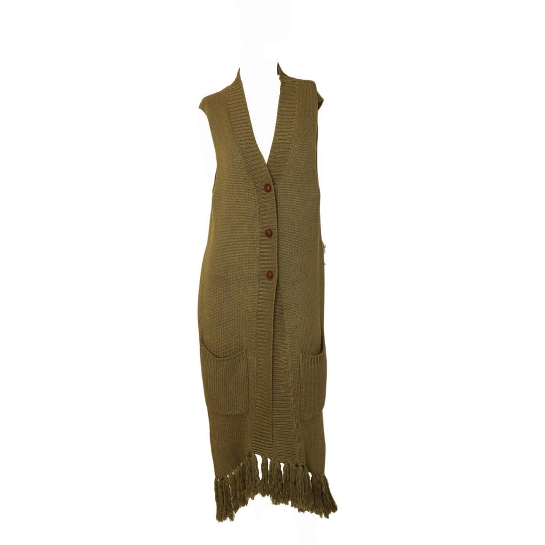 Opening Ceremony Olive Green Wool Knit Gillet Vest Top Fringes Shorter Back M - 3