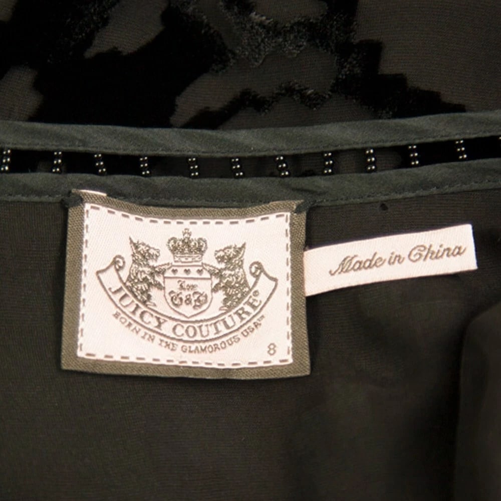 Juicy Couture Black Silky Devore Velour Floral Beaded Mini Dress Size 8 - 3