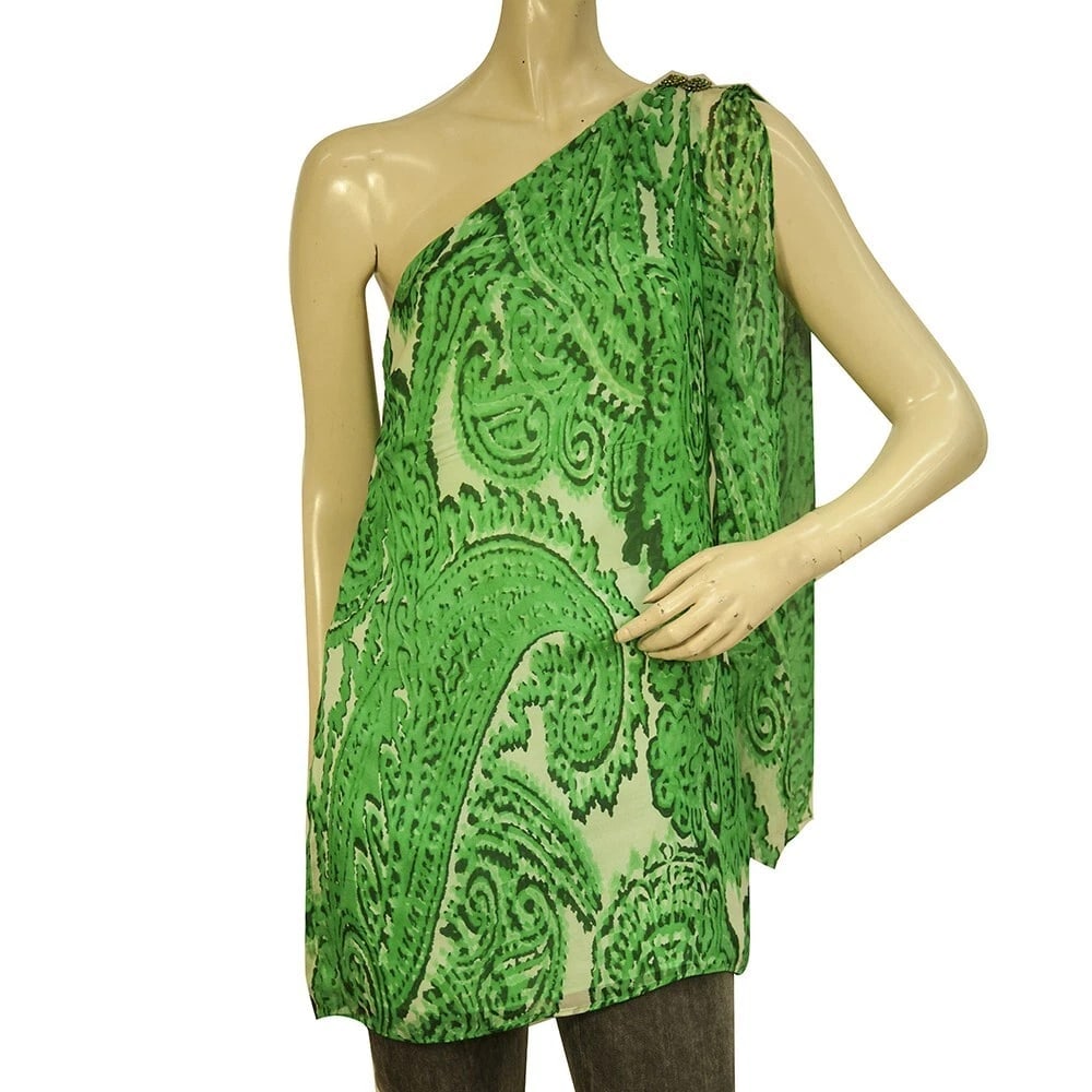 Milly 100% Silk Green Paisley Floral One Shoulder Long Blouse Top Size 4 (1 of 7)
