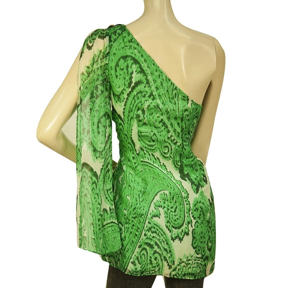 Milly 100% Silk Green Paisley Floral One Shoulder Long Blouse Top Size 4 - 2