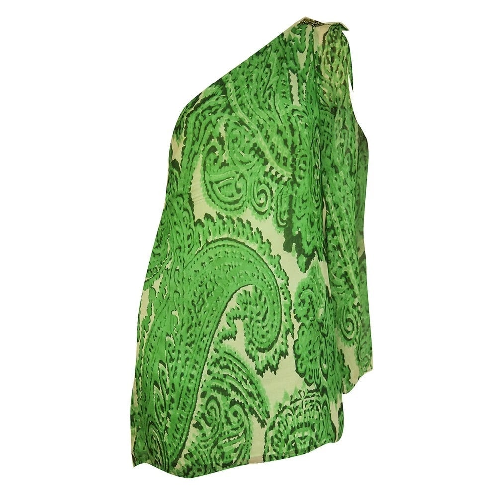 Milly 100% Silk Green Paisley Floral One Shoulder Long Blouse Top Size 4 - 7