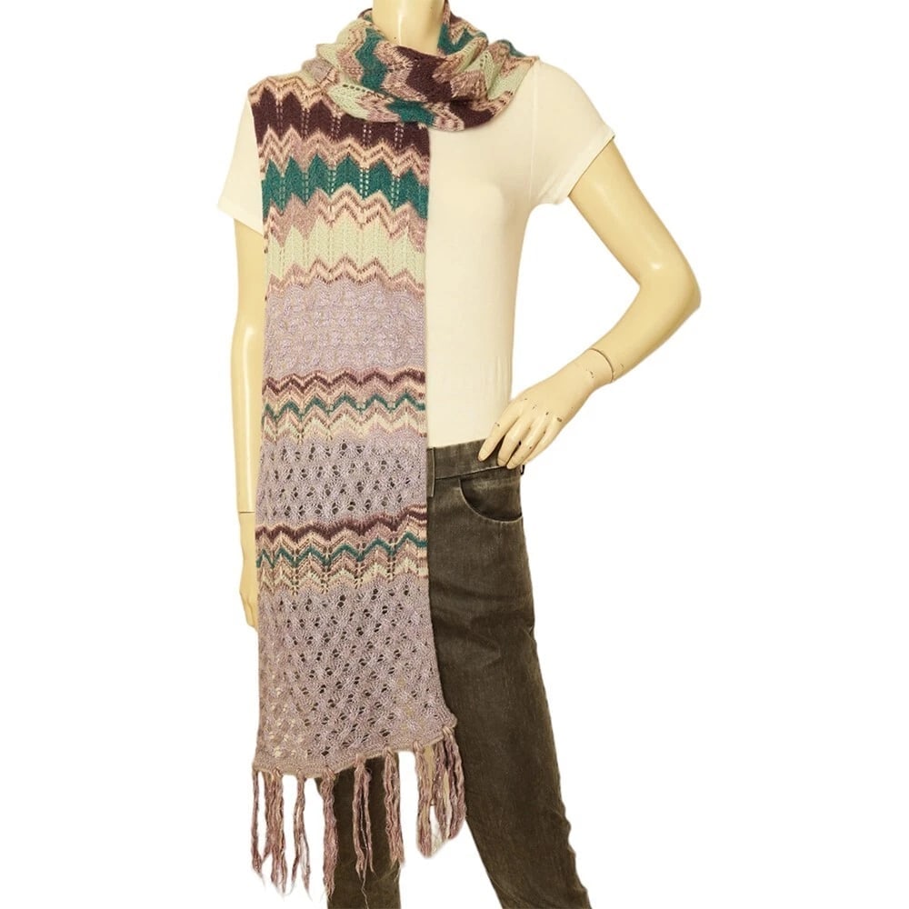 Missoni Multicolor Zig Zag Signature Wool Mohair Knit Long Scarf Shawl Fringes - 3