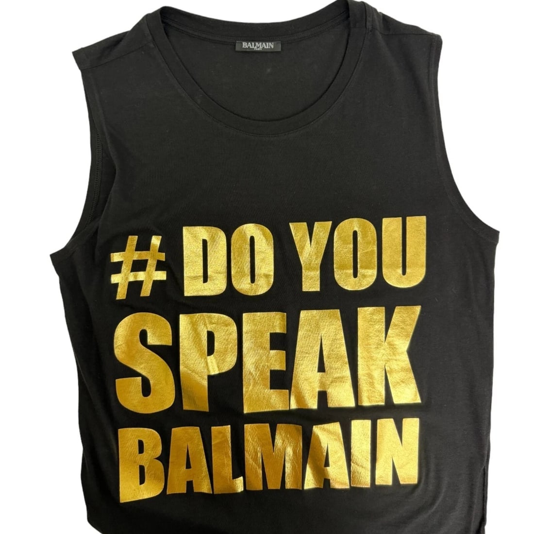 Balmain Black w. Gold Lettering Logo Sleeveless Long Tank T-shirt Top - 4