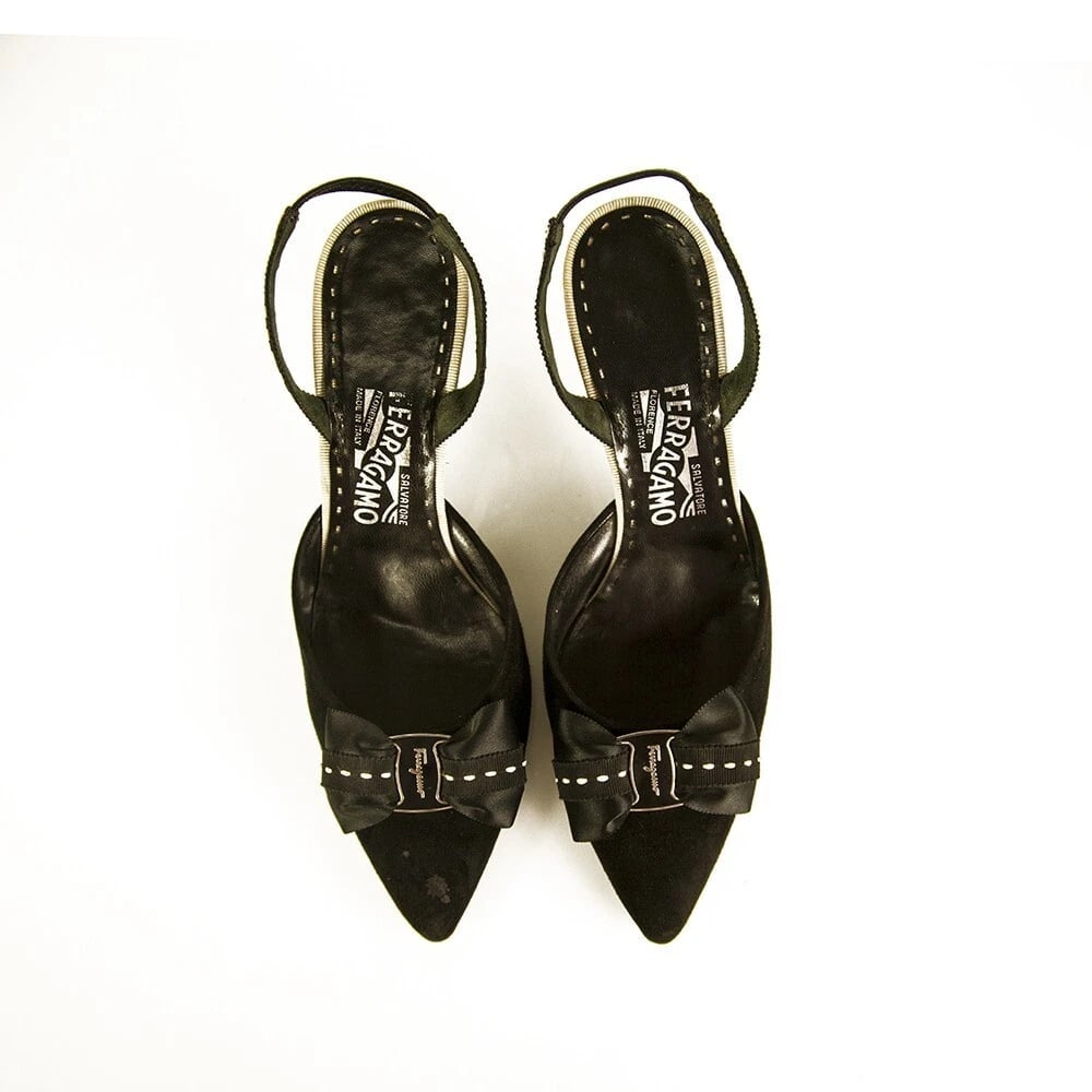 Salvatore Ferragamo Black Suede Pointed Toe Bow Slingback heels pumps size 9.5: Title:Salvatore Ferragamo Black Suede Pointed Toe Bow Slingback heels pumps size 9.5 Description:Christian Louboutin La Falaise Specchio Silver Leather and Cork Platform Heels Sandals 40 Salvatore Fer