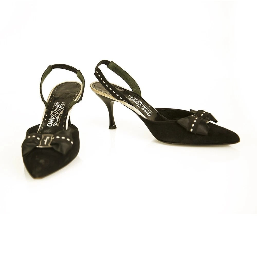 Salvatore Ferragamo Black Suede Pointed Toe Bow Slingback heels pumps size 9.5 - 8