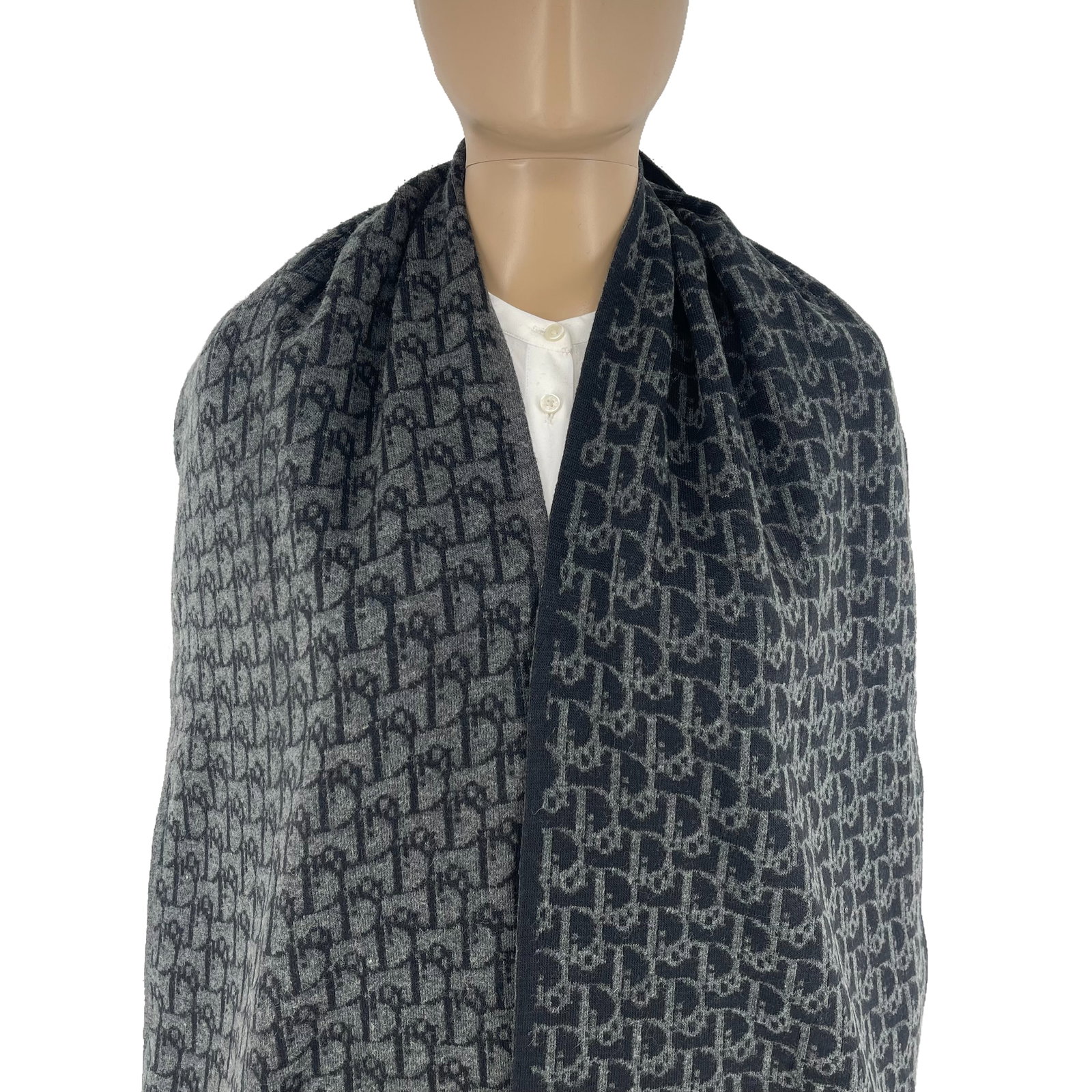 Christian Dior Paris Dark Grey Printed 100% Wool Scarf - 2