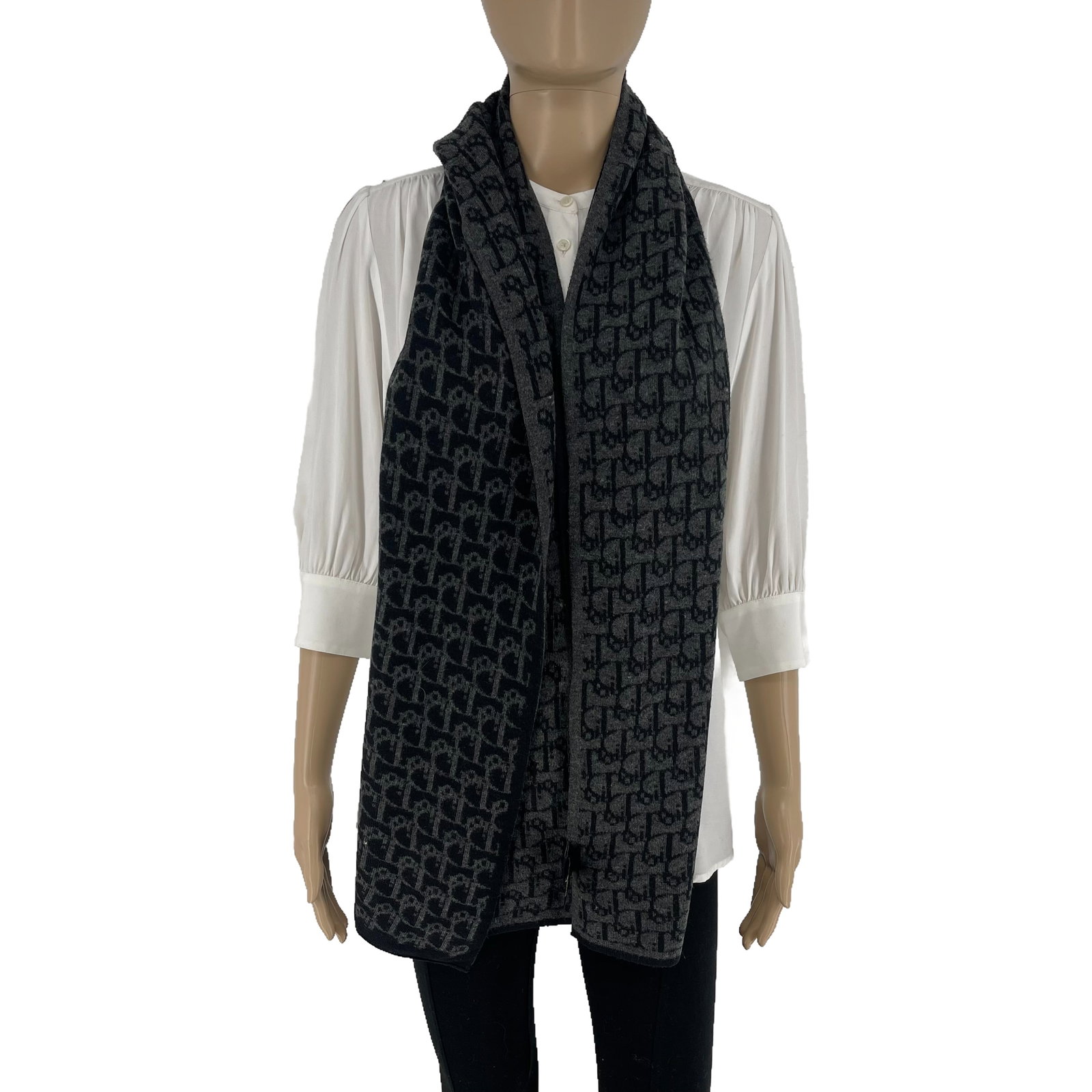 Christian Dior Paris Dark Grey Printed 100% Wool Scarf - 3