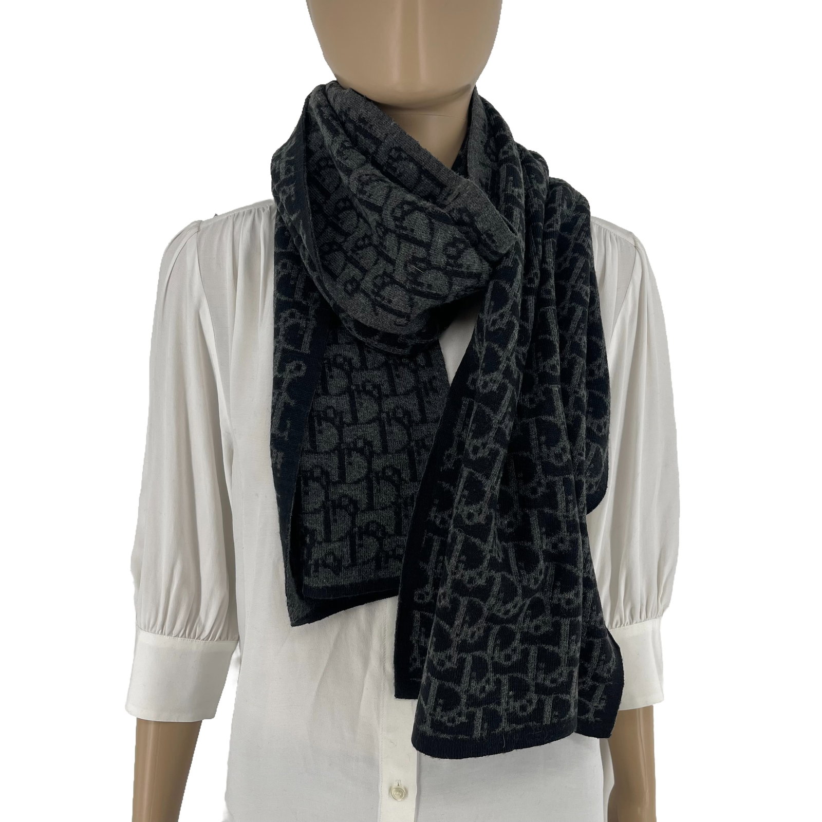 Christian Dior Paris Dark Grey Printed 100% Wool Scarf - 4