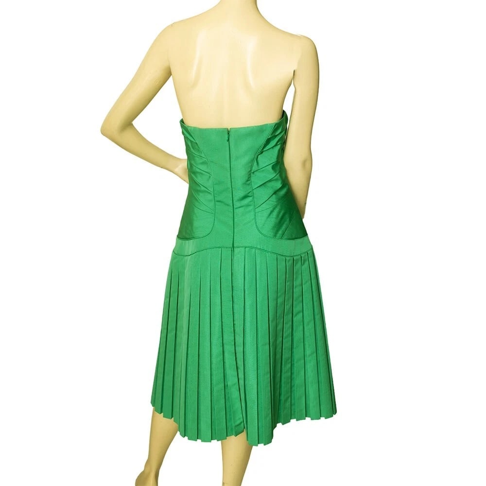 Zac Posen Grass Green Strapless Silk bustier Pleated Skirt midi dress size 8 - 2