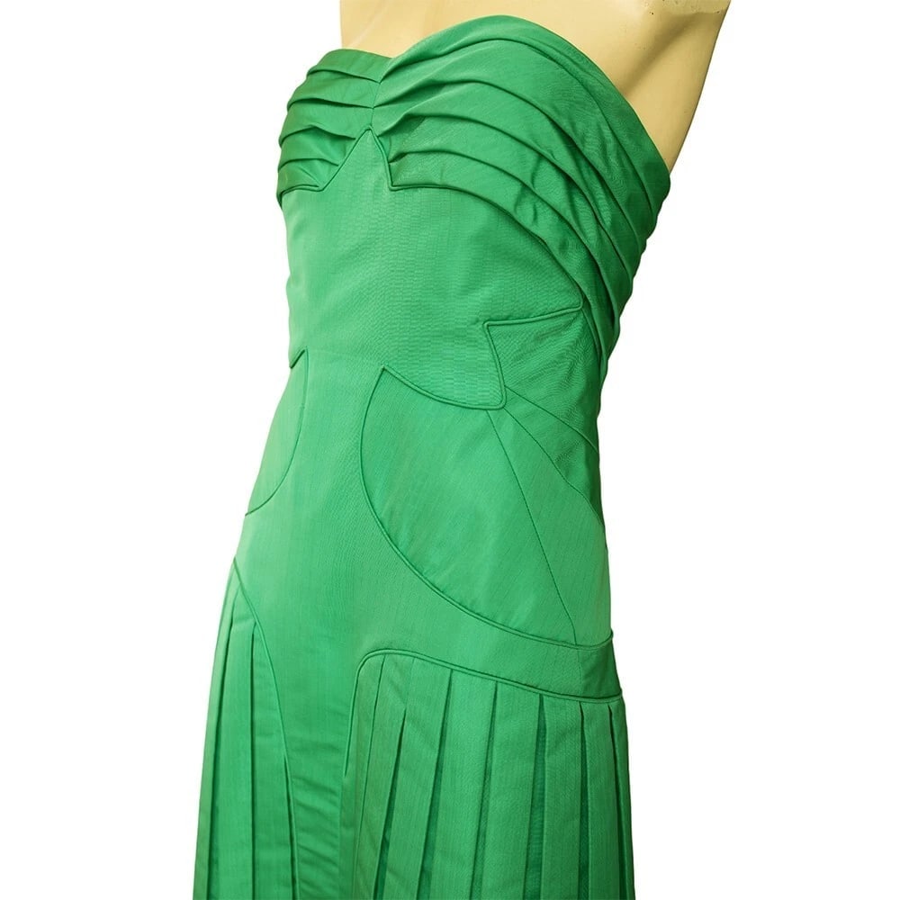 Zac Posen Grass Green Strapless Silk bustier Pleated Skirt midi dress size 8 - 3