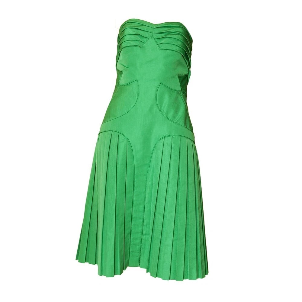 Zac Posen Grass Green Strapless Silk bustier Pleated Skirt midi dress size 8 - 9