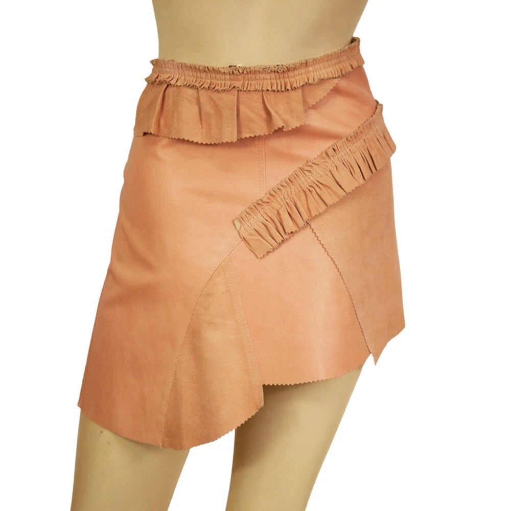 Plain Sud Pink Leather & Suede Asymmetric Hook & Eye Closure Mini Skirt Size 40 - 2