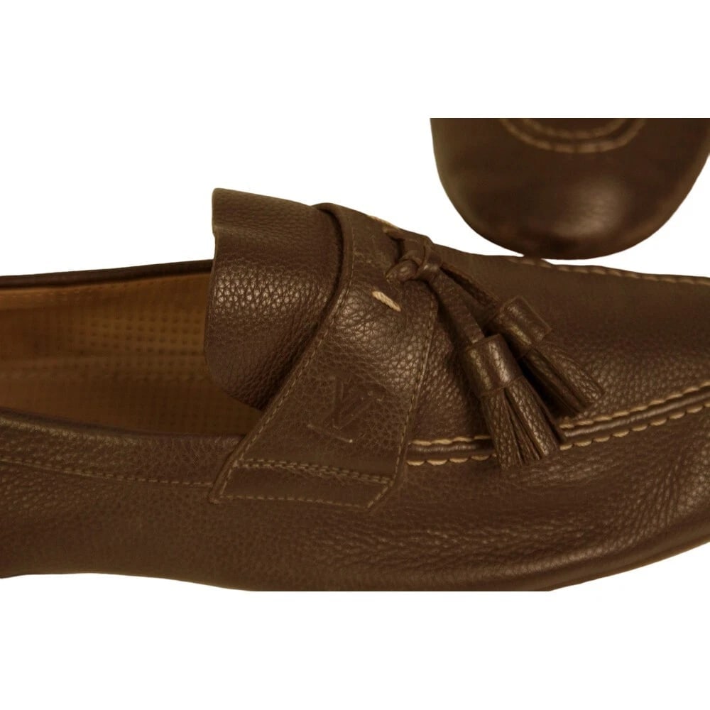 Louis Vuitton Men's Gray Taupe Leather Tassels Loafers Slip On Shoes size 7.5 M - 8