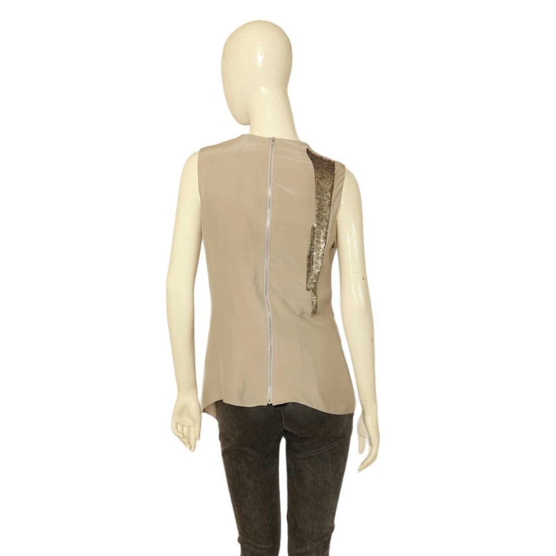 Helmut Lang Beige Draped Longer Front Sequined Silk Sleeveless Blouse Top M - 2