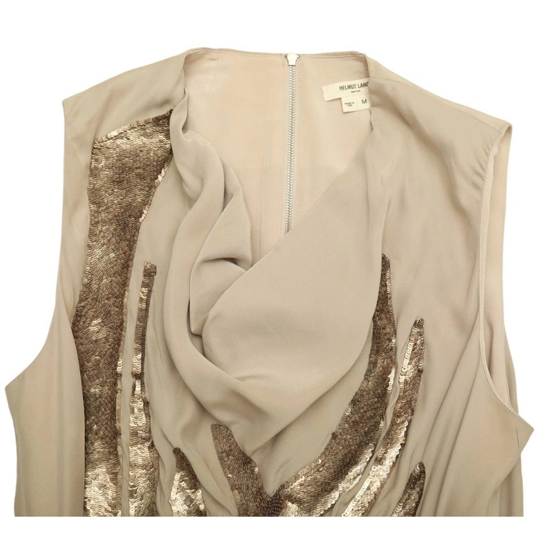 Helmut Lang Beige Draped Longer Front Sequined Silk Sleeveless Blouse Top M - 8