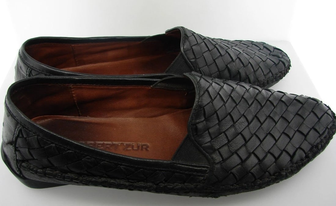ROBERT ZUR BLACK LEATHER WOVEN STYLE FLATS SHOES COMFY MADE IN INDIA 8 1/2 - 2
