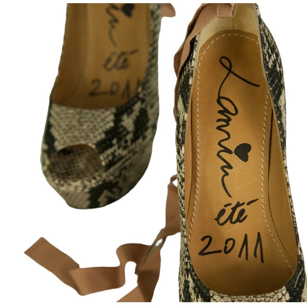 Lanvin Sake Pattern Canvas High Cork Heel Wedges Platform Peep Pumps Shoes 40 - 10