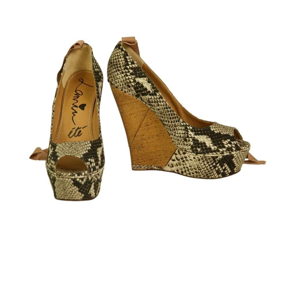 Lanvin Sake Pattern Canvas High Cork Heel Wedges Platform Peep Pumps Shoes 40 (1 of 10)