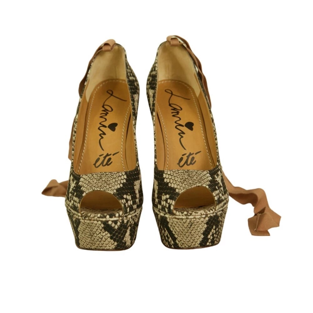 Lanvin Sake Pattern Canvas High Cork Heel Wedges Platform Peep Pumps Shoes 40 - 2
