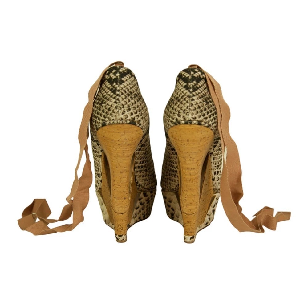 Lanvin Sake Pattern Canvas High Cork Heel Wedges Platform Peep Pumps Shoes 40 - 3