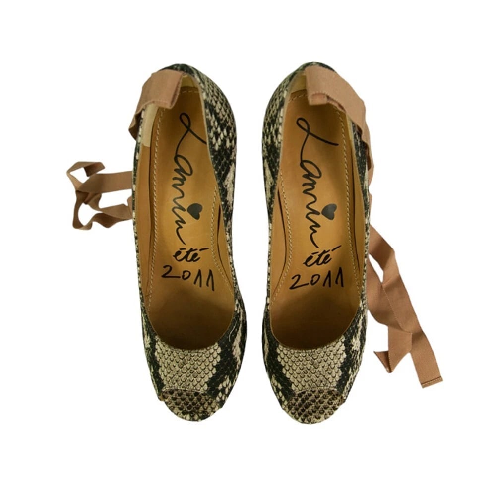 Lanvin Sake Pattern Canvas High Cork Heel Wedges Platform Peep Pumps Shoes 40 - 6
