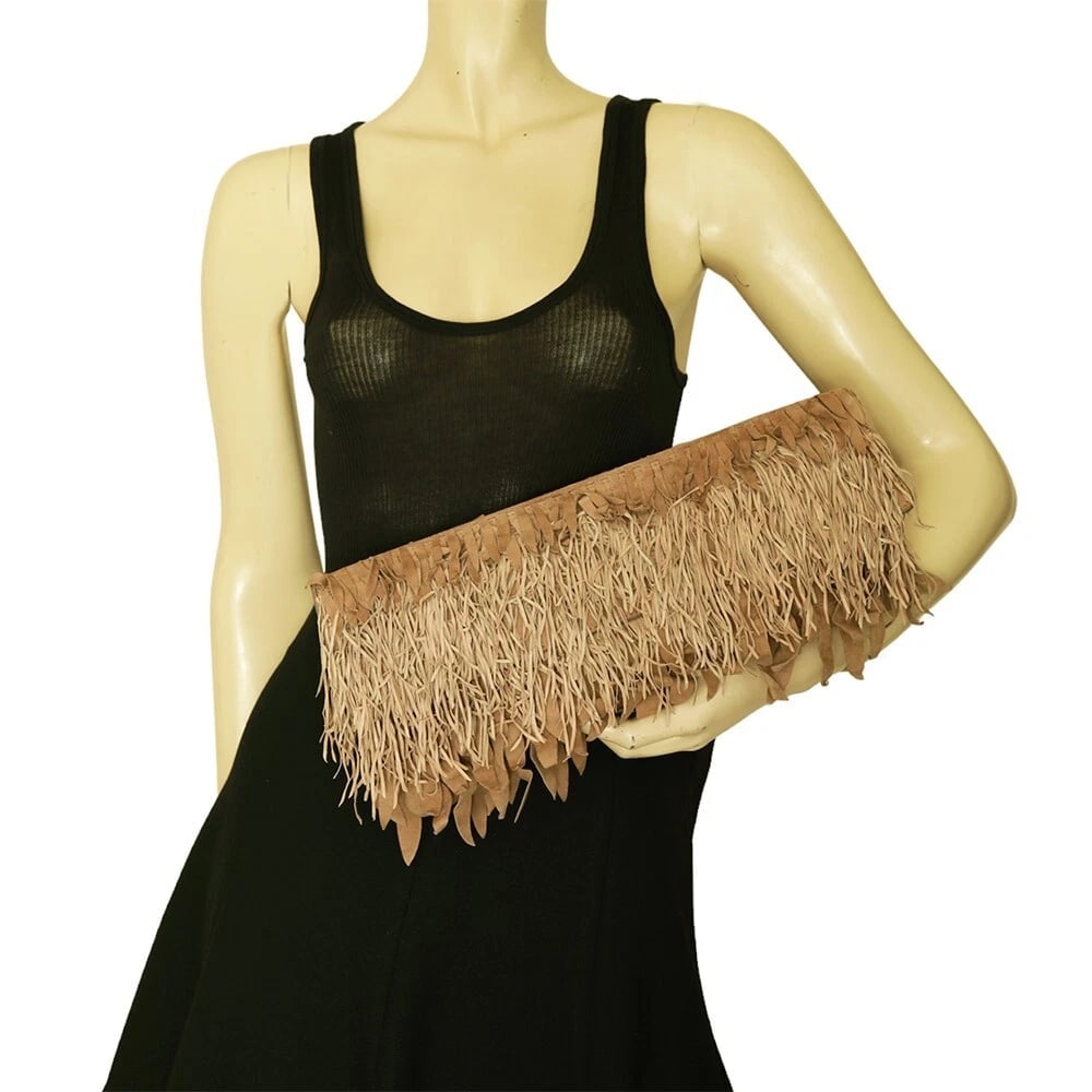 Roberto Cavalli Beige Suede Leather Fringes Flap Top Evening Clutch bag Handbag - 10