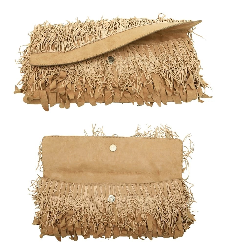Roberto Cavalli Beige Suede Leather Fringes Flap Top Evening Clutch bag Handbag - 7