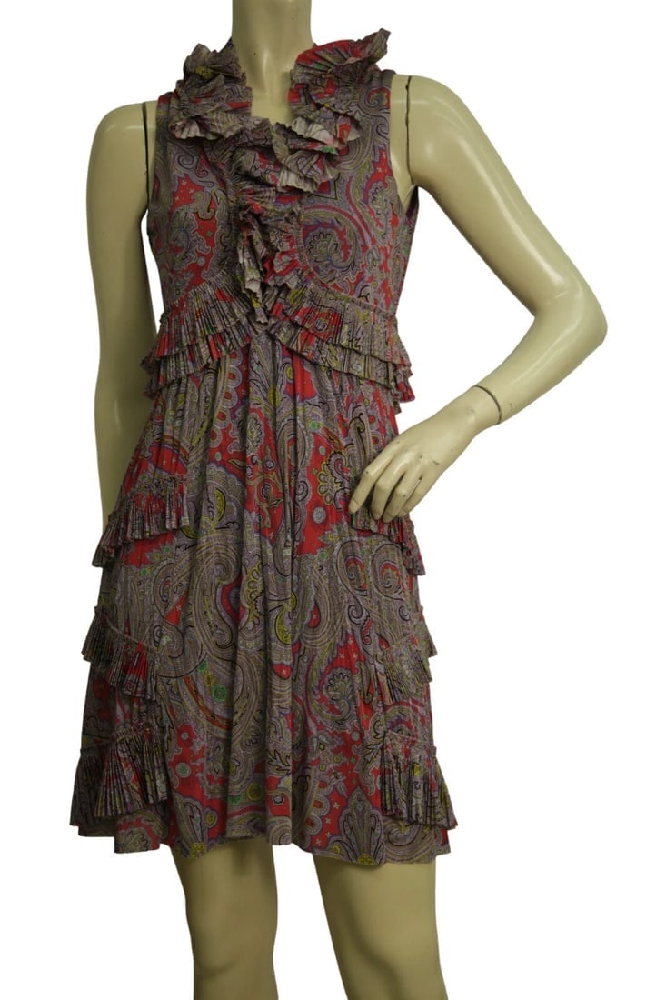 ETRO Purple Red Paisley Print Sleeveless Ruffled Mini Pleats Mini Dress 40 (1 of 6)