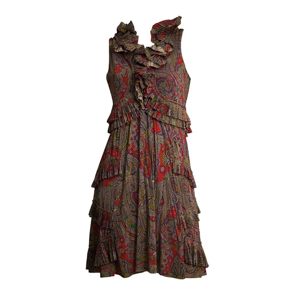 ETRO Purple Red Paisley Print Sleeveless Ruffled Mini Pleats Mini Dress 40 - 6