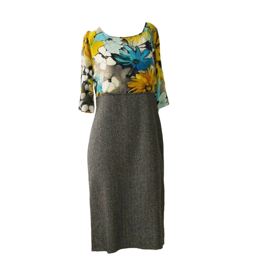 Dolce & Gabbana Silk Floral Woolen Herringbone Knee Length Dress Size 46 - 3