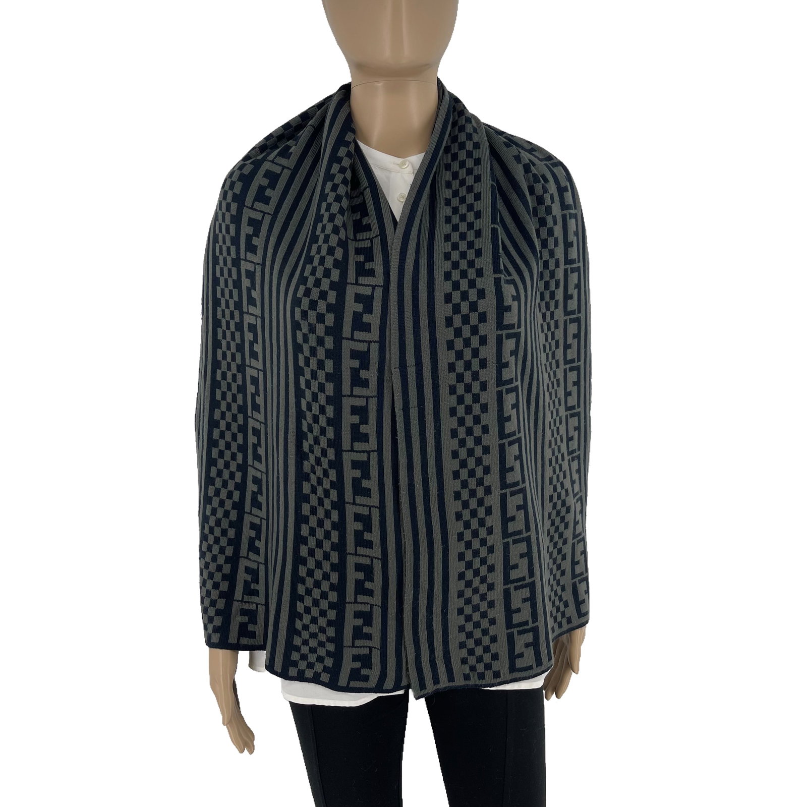 Fendi Dark Grey Printed 100% Wool Scarf: Title: Fendi Dark Grey Printed 100% Wool Scarf Brand:Fendi Date/Period: Vintage Materials:100% Wool Size:One Size Description:Fendi Dark Grey Printed 100% Wool Scarf Reserve: $50.00 Shipping: Domest