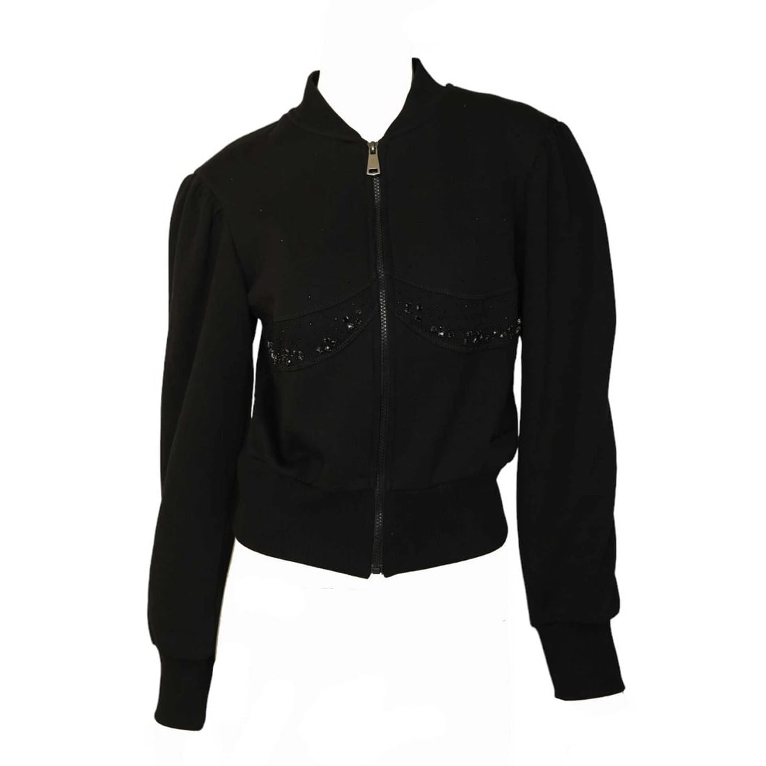 Zini Boutique Black Cotton Beaded Lightweight Cardigan Jacket w. Zipper sz 40 - 3