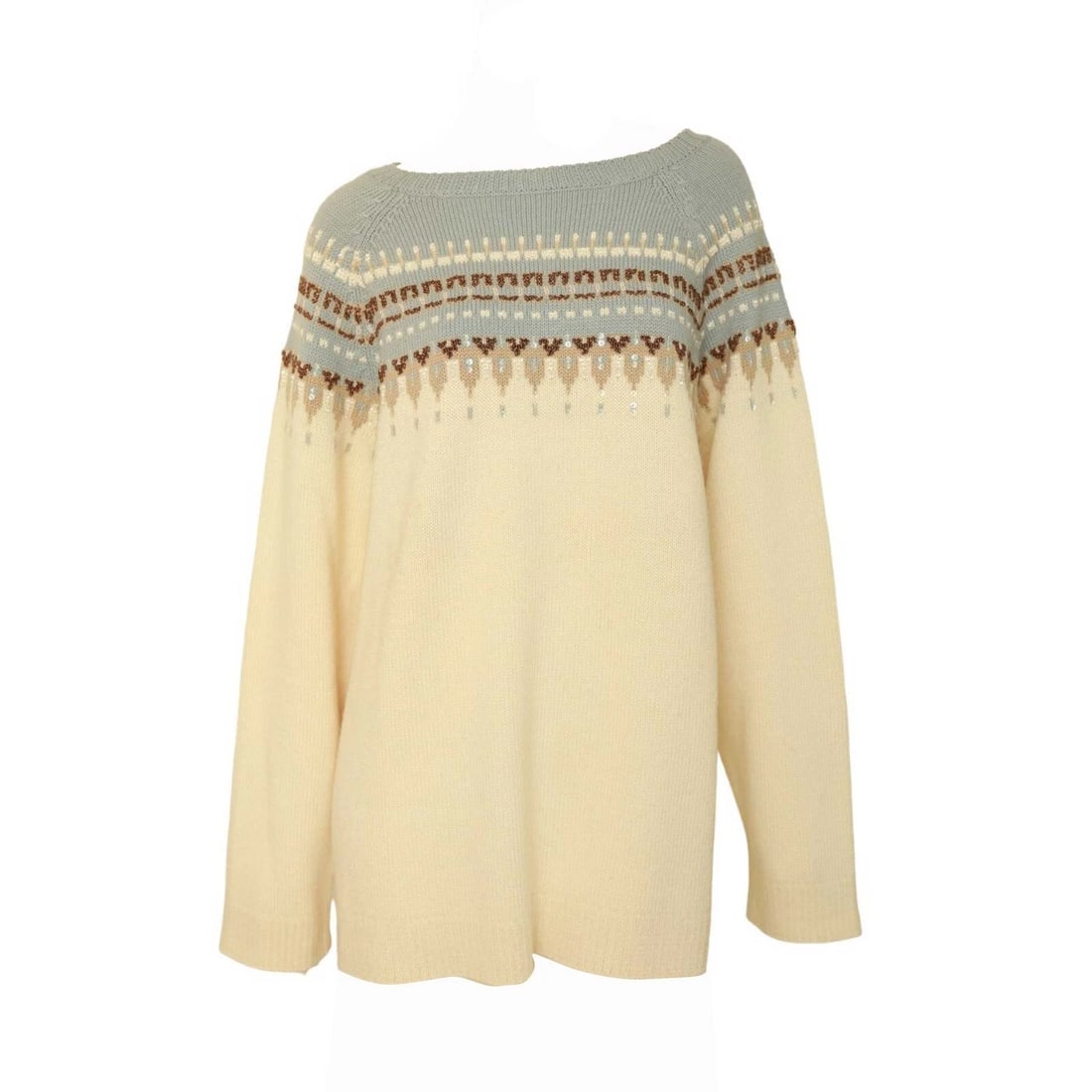Marina Rinaldi Sport Beige Blue Woolen Sweater Long Sleeves Beaded Top size XL - 3