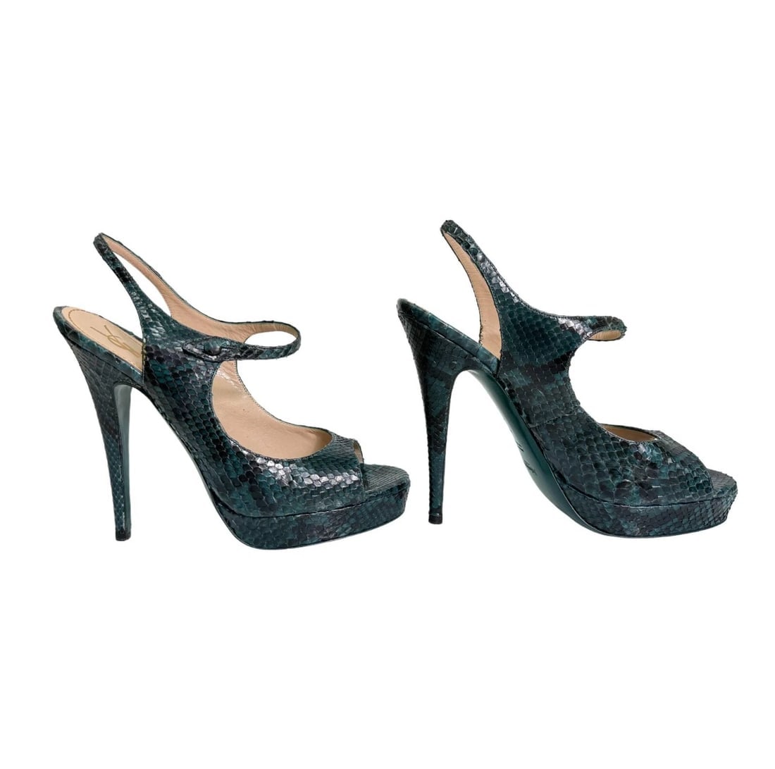 Yves Saint Laurent YSL Teal Snakeskin Leather Strappy Open Toe Sandal Heels 40 - 5
