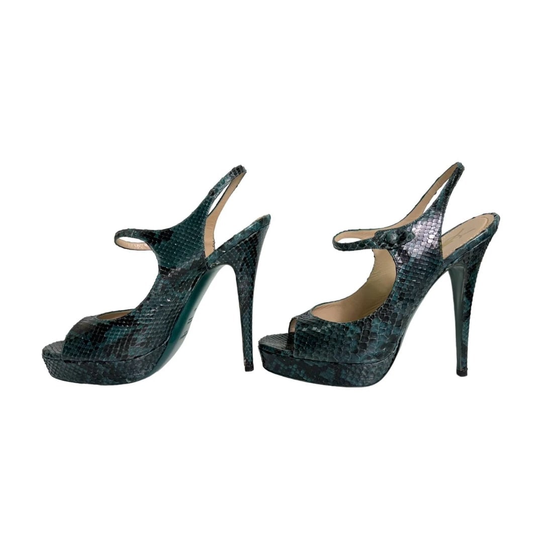 Yves Saint Laurent YSL Teal Snakeskin Leather Strappy Open Toe Sandal Heels 40 - 6