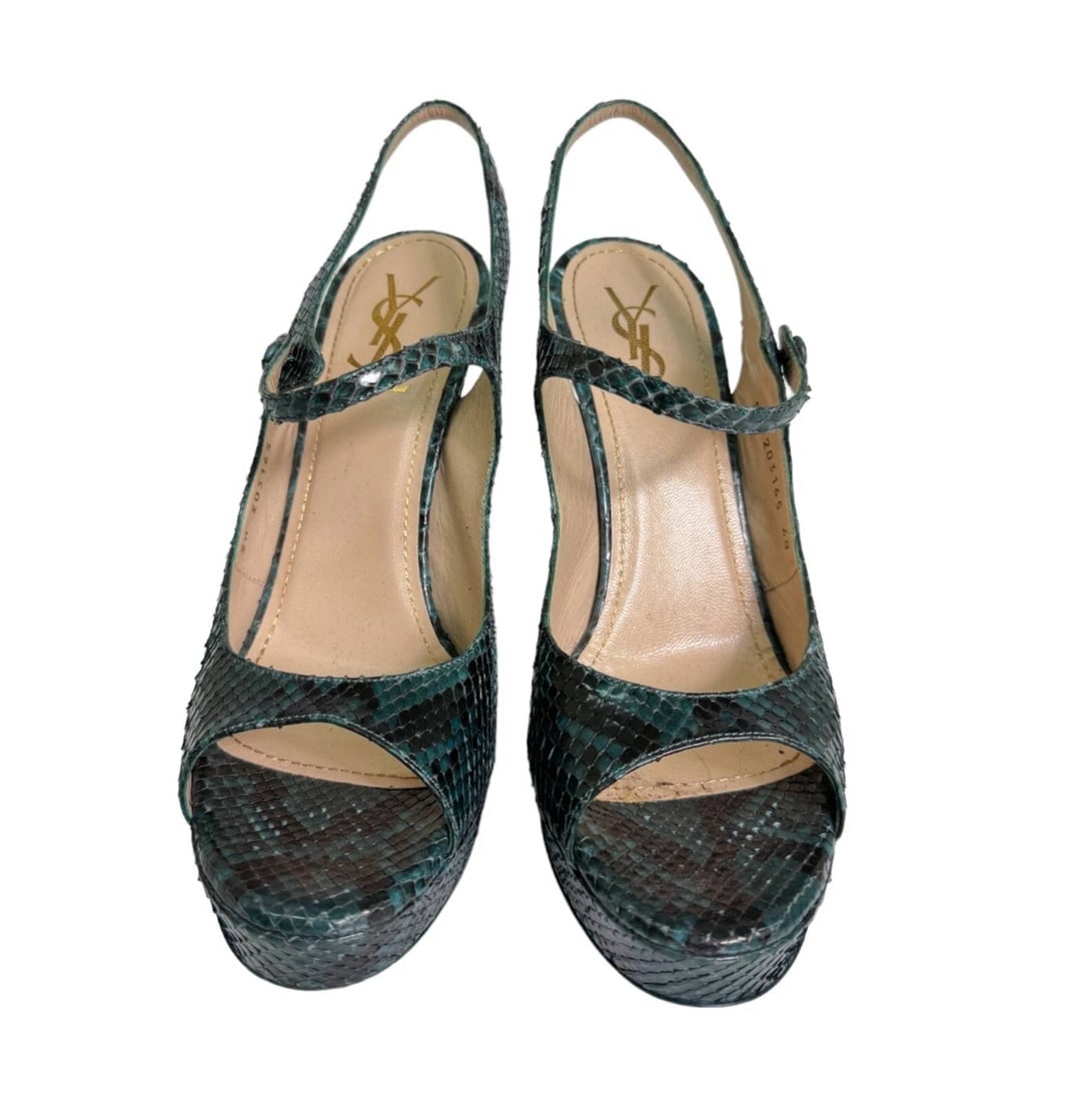 Yves Saint Laurent YSL Teal Snakeskin Leather Strappy Open Toe Sandal Heels 40 - 7