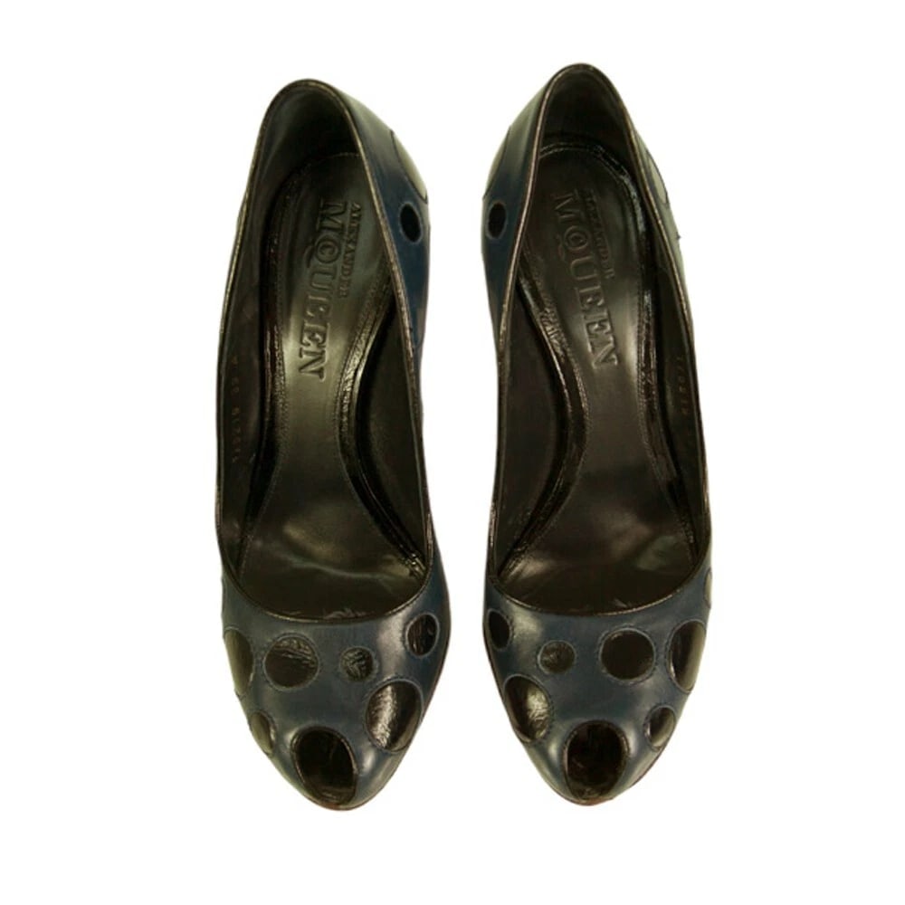 Alexander McQueen Blue leather Black Polka Dots peep toe Pumps Heels Shoes sz 39 - 6