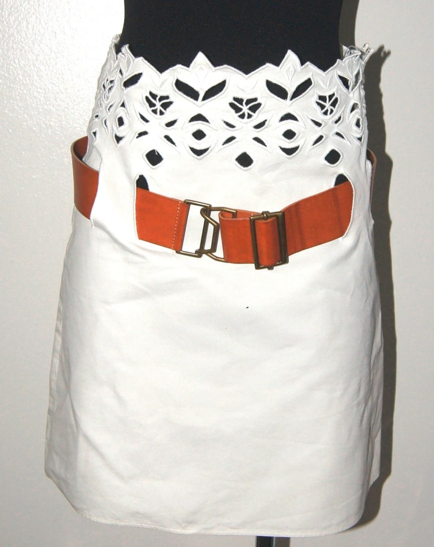 WHITE CHLOE LINEN SKIRT BROWN LEATHER BELT CROCKET STYLISH - 2