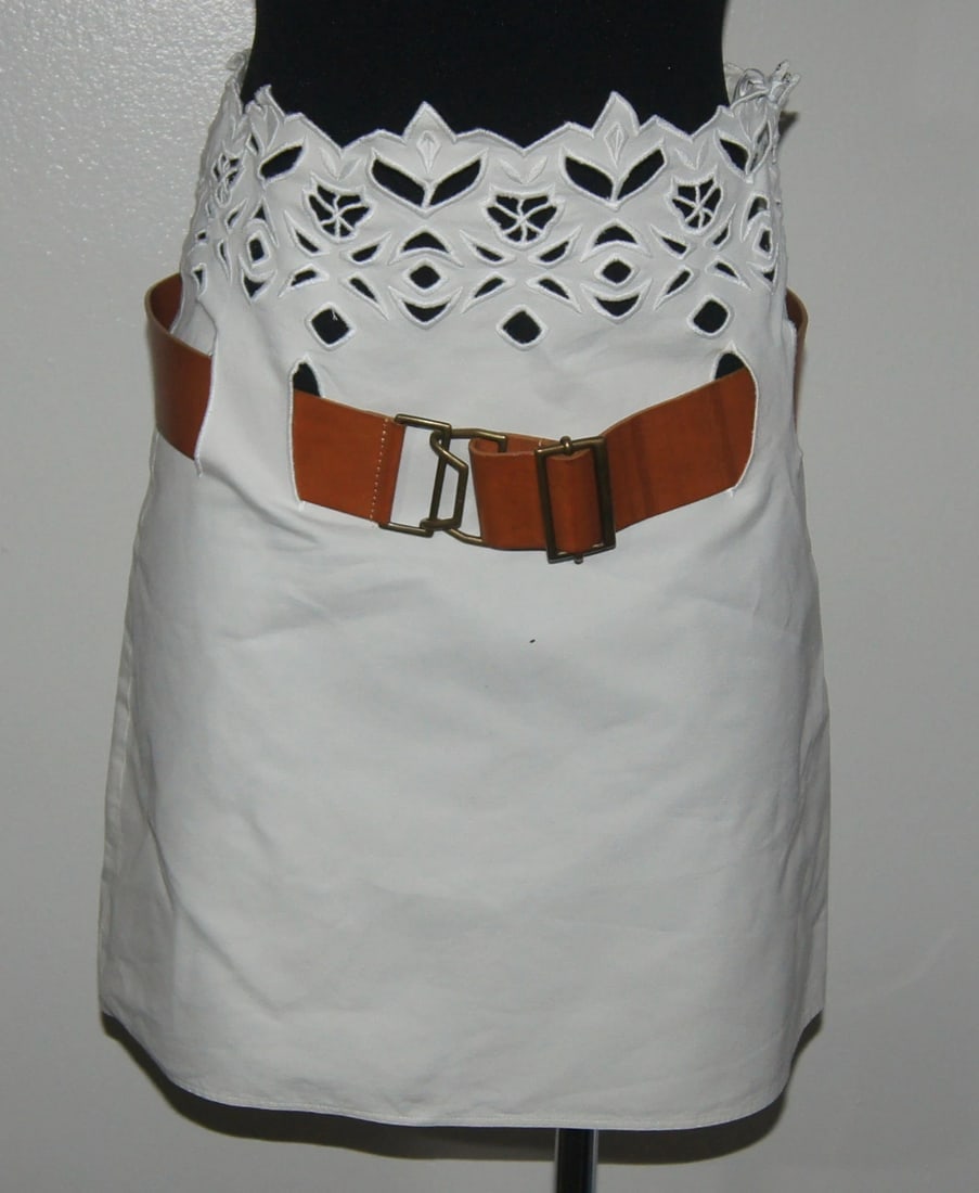 WHITE CHLOE LINEN SKIRT BROWN LEATHER BELT CROCKET STYLISH - 3