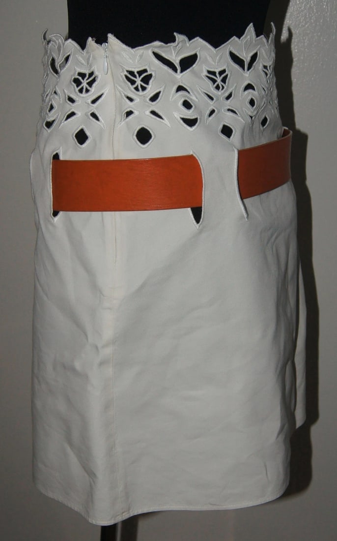 WHITE CHLOE LINEN SKIRT BROWN LEATHER BELT CROCKET STYLISH - 6