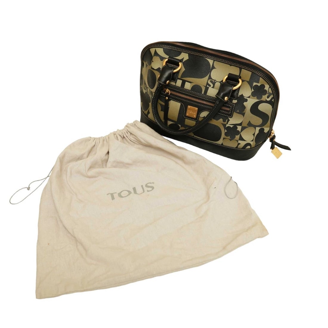 TOUS Black Khaki Green Signature Canvas Black Leather Satchel Handbag Grab bag - 11