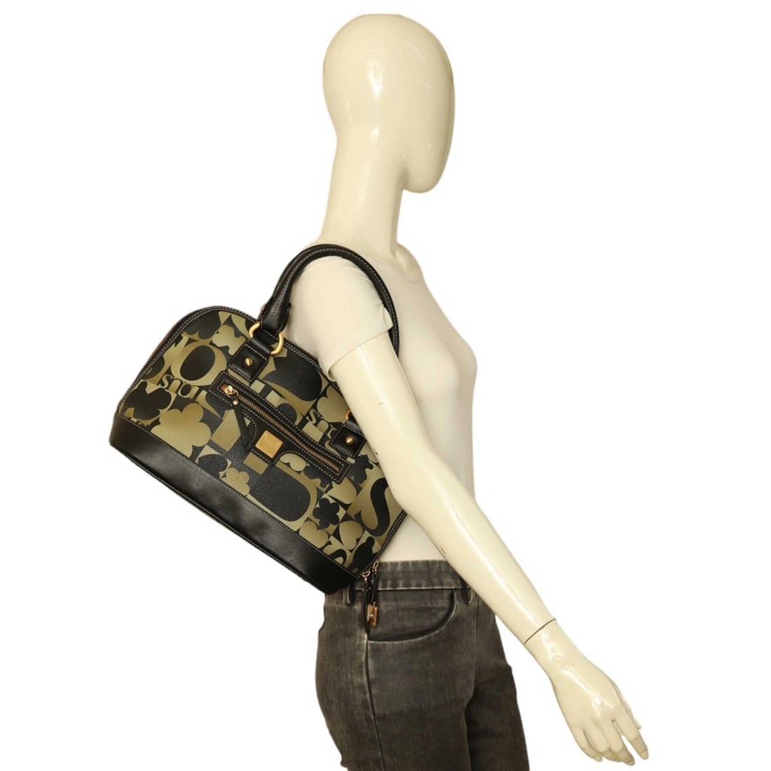 TOUS Black Khaki Green Signature Canvas Black Leather Satchel Handbag Grab bag - 12
