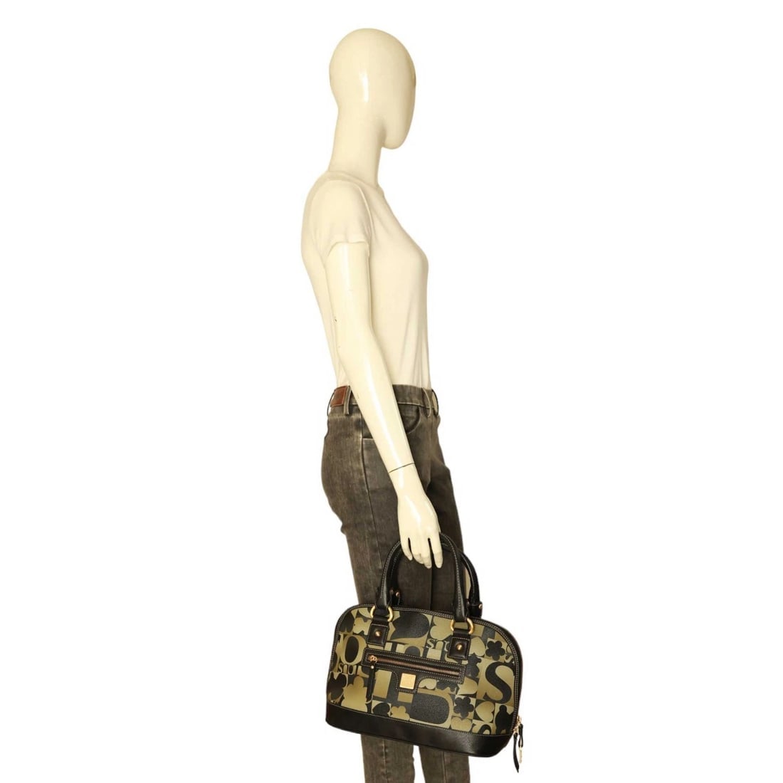 TOUS Black Khaki Green Signature Canvas Black Leather Satchel Handbag Grab bag - 13