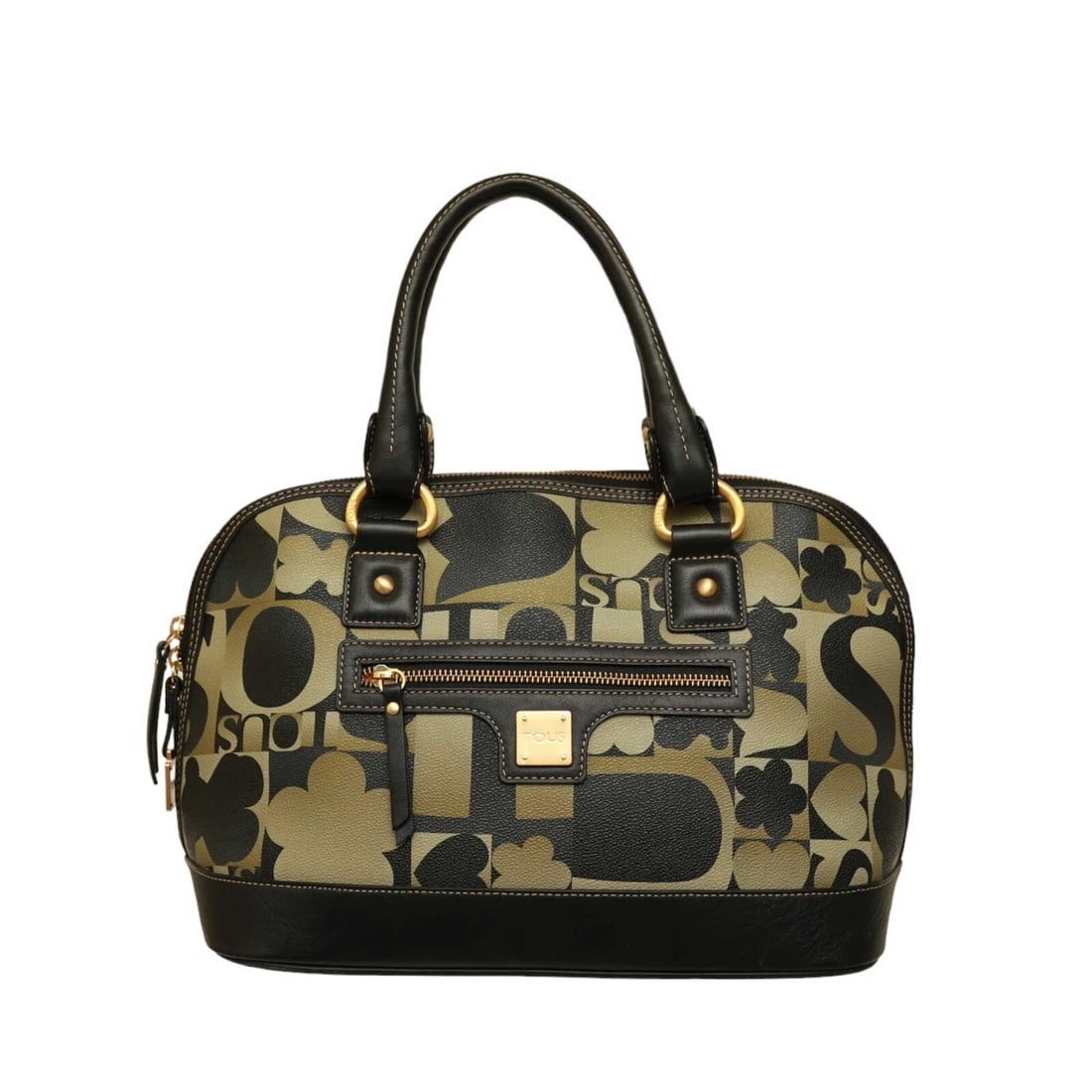 TOUS Black Khaki Green Signature Canvas Black Leather Satchel Handbag Grab bag (1 of 13)