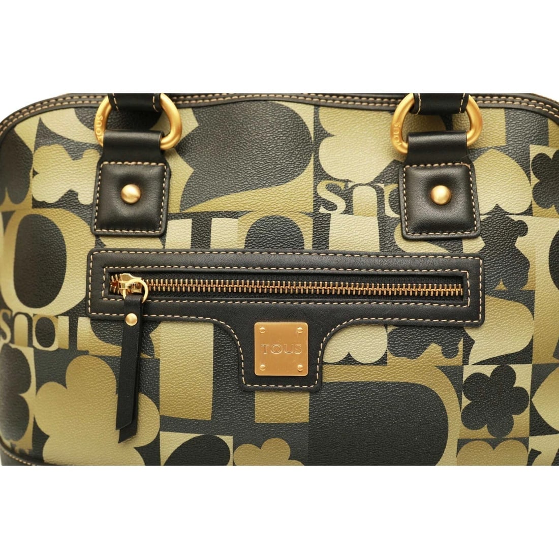 TOUS Black Khaki Green Signature Canvas Black Leather Satchel Handbag Grab bag - 6